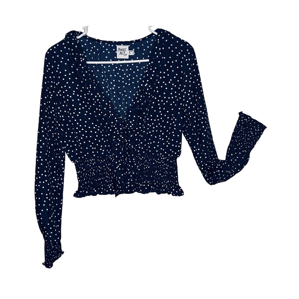 Princess Polly Top Size 8 Blue Long Sleeve Ruffle White Polka Dot Pullover